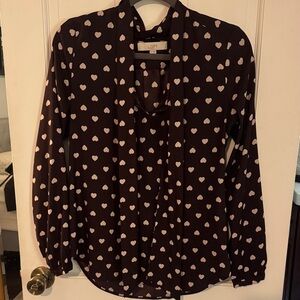 LOFT Women's Heart Print Button Down Shirt - Black and Cream